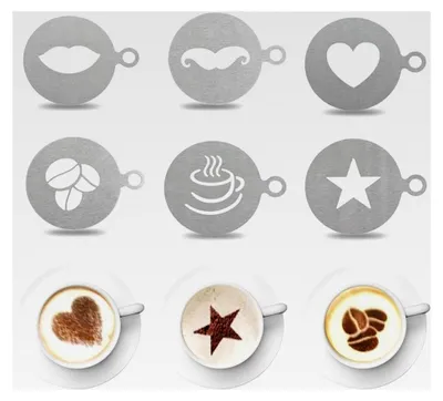 Produktbild von Edelstahl-Kaffeeschablonen, 6 Stück Latte-Art Dekorationsschablonen für Kaffee, Cappuccino und Kuchen (Silber, 6 Stück)