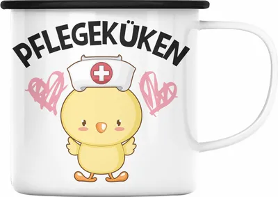 Produktbild von Trendation - Pflegeküken Emaille Tasse Geschenk Krankenschwester Ärztin Lustige Emaille Emaille Tasse Geschenkidee Altenpflegerin Pflegerin (Schwarz)