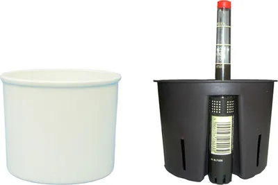 Two plant pots are shown side-by-side against a white background. The pot on the left is a plain white inner pot. The pot on the right is a dark brown self-watering planter with a water level indicator.