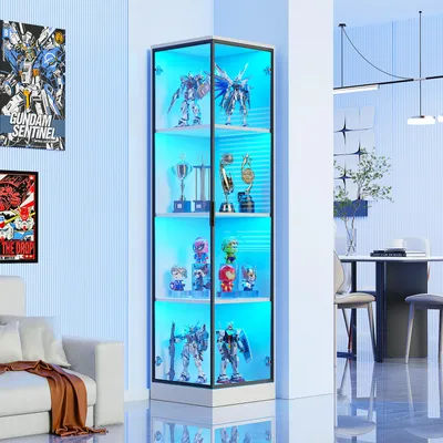 A corner display cabinet with LED lighting, showcasing various collectible figures and trophies, placed in a modern living room setting.