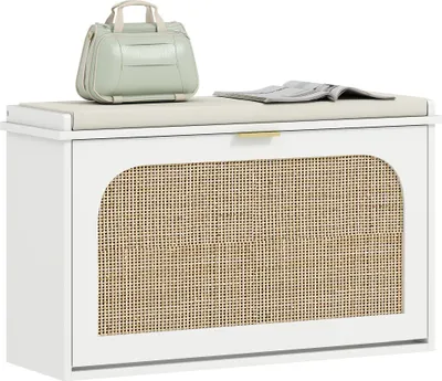 Image de HOMCOM Banc chaussures entrée, banc de rangement étroit, assise rembourrée, porte en rotin, tiroir rabattable et étagère réglable, style bohème, pour entrée, couloir, 80 x 26 x 47,5 cm, blanc