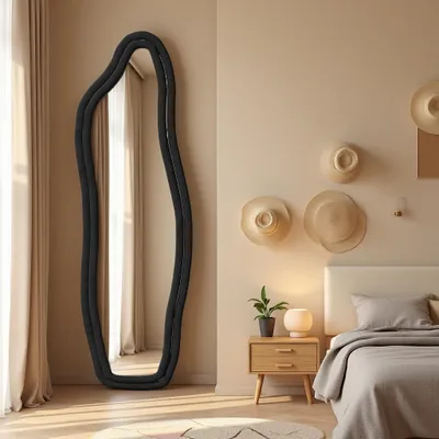 Zdjęcie produktu dla Lustro stojące ProximaX 160x50 cm - Nieregularny, zakrzywiony kształt, czarna aksamitna rama - Idealne do przeglądania całego ciała i sprawdzania stroju