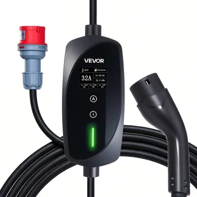 Immagine prodotto di Wallbox mobile, 22 kW 32A, caricatore portatile per veicoli elettrici di tipo 2, caricatore trifase per veicoli elettrici con cavo di ricarica da 7 m, spina CEE32, schermo LCD, stazione di ricarica regolabile per veicoli elettrici, scatola di controllo IP66