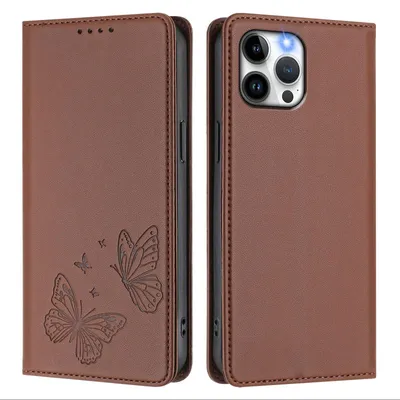 Produktbild von Lederhülle für iPhone 12 Pro Max, Schmetterling Prägung Leder Brieftasche Schutzhülle mit Ständer Braun