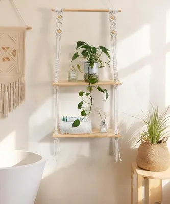 Zdjęcie produktu dla Drewniana dekoracja ścienna w stylu bohemy z ręcznie tkanym makramą i ozdobną płytką – wisząca dekoracja na balkon, do sypialni, łazienki i nie tylko.