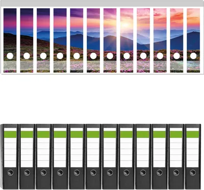 Produktbild von Wallario 12 Stück breite Ordner inkl. Klebeetiketten mit Motive Blumenbedeckte Wiese bei Sonnenuntergang -  Set mit Rückenschildern / Ordnerrücken Stickern