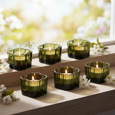 Produktbild von 6er Set Teelichthalter Blume Grün Kerzenhalter Frühling Kerzenglas Tischdeko