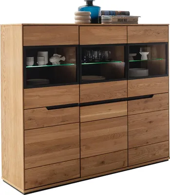 Produktbild von Wohnzimmer Highboard inkl. Beleuchtung mit 153 cm Breite in Eiche teilmassiv mit 3 Glasrahmentüren & 3 Holztüren - AVESTA-06