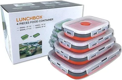 Produktbild von Unyqoos® Faltbare Silikon-Lebensmittelbehälter mit Deckel, 4er-Set (350/500/800/1200 ml), rot – Bento-Lunchbox, mikrowellen-, gefrier- & spülmaschinenfest, luftdicht