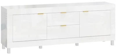 Image de Meuble TV jusqu'à 75 pouces, avec 2 compartiments et 2 tiroirs | Couleur : blanc brillant | Dimensions : 180 x 40 x 66 cm