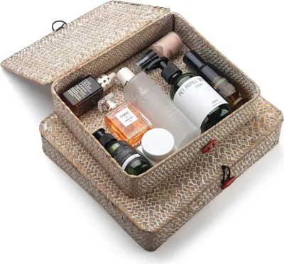 Produktbild von Rechteckige Riedbox mit Deckel, natur, weiß, 2er-Set