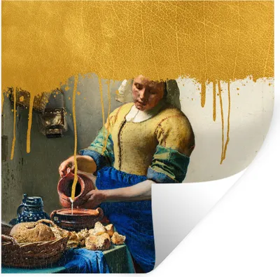 Produktbild von MuchoWow® Wandtattoo Wandsticker Wandaufkleber Milchmädchen - Gold - Vermeer 100x100 cm Selbstklebend und Repositionierbar - Wierderverwendbar - Selbstklebend