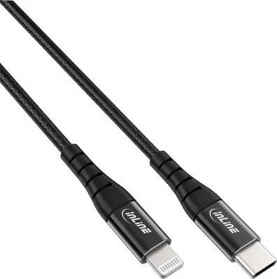 Produktbild von InLine USB-C Lightning Kabel, für iPad, iPhone, iPod, schwarz/Alu, 2m MFi-zerti, 2 m, Lightning, USB C, Stecker, Stecker, Schwarz
