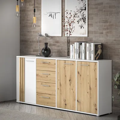 Produktbild von Forte CARDIGAN Kommode 180, moderne Kommode, 3-türig mit Lamellendesign, 4 Schubladen, Wohn-/Schlafzimmer, Artisan Eiche Holzdekor|Weiß, 179,4 cm breit x 82,3 cm hoch x 34,3 cm tief