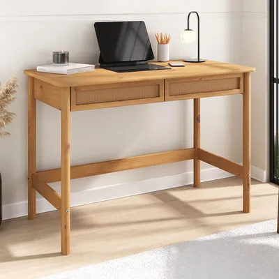 Produktbild von Schreibtisch RODRIGO 110cm breit, Eiche farben - Bürotisch aus Massivholz mit 2 geräumigen Schubladen in Rattan Optik - Computertisch mit Stauraum, PC Tisch, Laptoptisch, Arbeitstisch