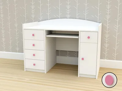 Produktbild von Happy Babies Schreibtisch - Weiß Kinder Computertisch mit Schubladen, Klein & Bürotisch für Jugendzimmer und Office, Kinderschreibtische 125x89x60, Modern & Gaming (rosa Griff)