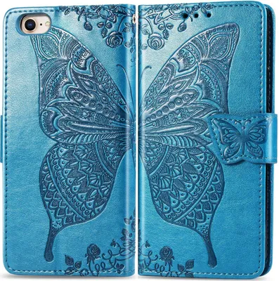 Produktbild von Mobigear Butterfly iPhone 16e Hülle Klapphülle Geldbörse - Blau