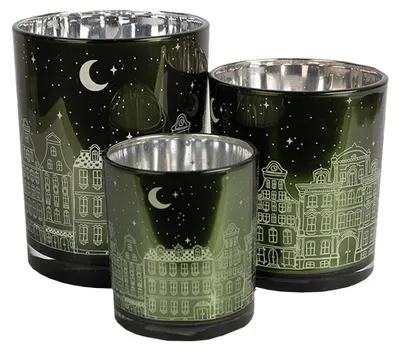 Imagen del producto de Soporte para velas pequeñas Clayre & Eef, juego de 3, color verde, vidrio, diseño de casas