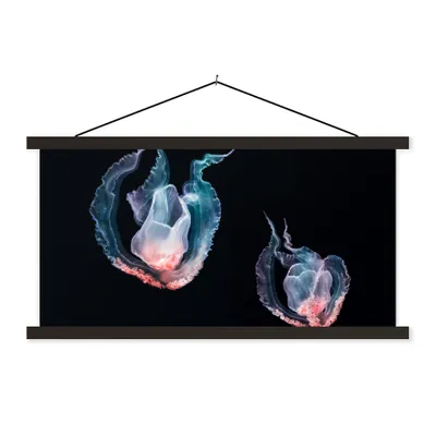 Produktbild von MuchoWow® Textilposter Quallen - Meerestiere - Schwarz 150x75 cm mit schwarzem Rahmen - Posterleiste