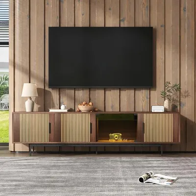 Obrázek produktu pro Nízky televizní stolek, 200 cm, s LED osvětlením, Bluetooth a ovládáním přes aplikaci, televizní skříňka z ořechového dřeva, barva černá, televizní stolek se skleněnými dvířky, vhodný pro televizory o velikosti 50-59 palců