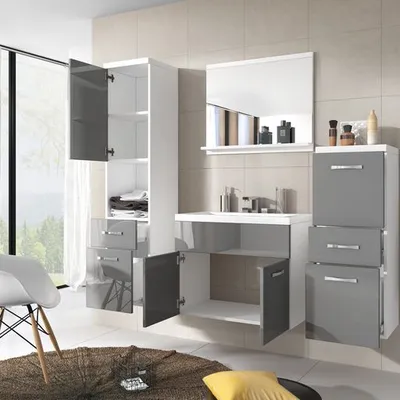 Produktbild von Minio, Badezimmer, Badmöbel Set "ALO", 4-Teilig, mit Waschbecken, Glanzgrau / Weiße Farbe