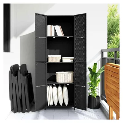 Produktbild von Gartenschrank aus PE-Rattan mit Akazienholzgriffen, schwarz, 59 x 40 x 180 cm - Wetterfest für den Außenbereich