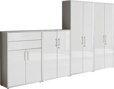 Produktbild von Aktenschrank TABOR 56 in lichtgrau / weiß Hochglanz, Schrankwand, Büroschrank, abschließbar, Metallgriffe