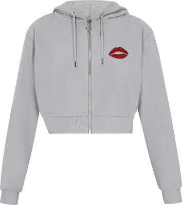 Produktbild von Damen Lässiger Cropped Hoodie mit Reißverschluss und Stickereien, Grau, Größe L