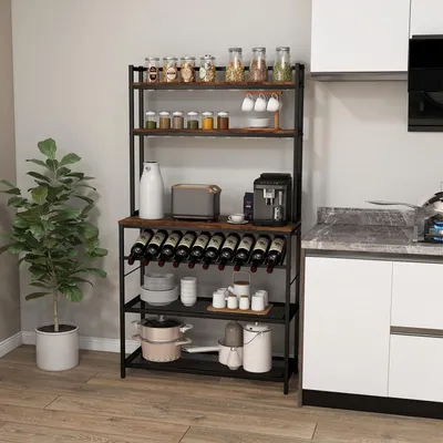 Produktbild von KOMFOTTEU Küchenregal Bäckerregal 6 Ebenen, Standregal mit Flaschenhalter, Mikrowellenregal aus Metall & Holz, Netzregal inkl. 6 Haken, 90x35x165 cm