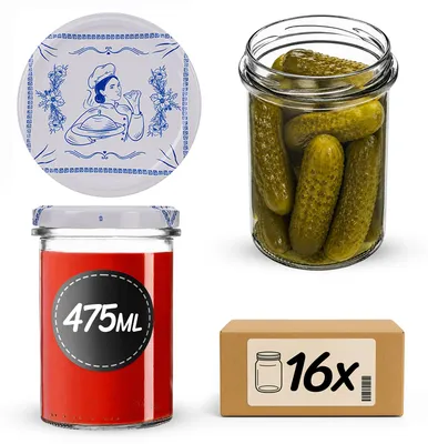 Obrázek produktu pro KADAX Sklenice na zavařování, objem 475 ml, průměr 82 mm, se šroubovacím víkem, vhodné na zavařování marmelád, kompotů a na skladování marmelád a medu (sada 16 kusů)