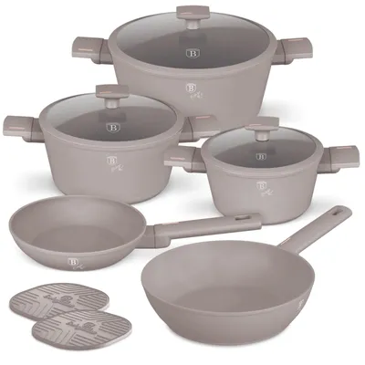 Productafbeelding van Berlinger Haus Pannenset Taupe 7-Delig - Kookpan ø 20, 24, 28 cm & Koekenpan ø 20, 24 cm - geschikt voor alle warmtebronnen