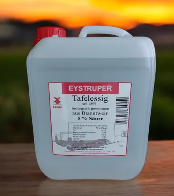 Produktbild von Tafelessig, original Eystruper Tafelessig 5% Säure im 5 Liter Kanister, aus traditioneller Herstellung im Holzbildner, biologisch gewonnen