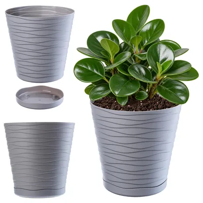 Image de KADAX Pot de fleurs avec soucoupe "Greve", pot de fleurs, pot de plantes en plastique, cache-pot, rond, 17 cm, gris