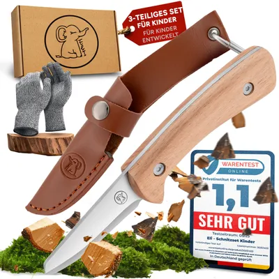 Produktbild von Eli® Schnitzmesser für Kinder mit Ledertasche ab 8 Jahre - hochwertiges Kindermesser Schnitzset inkl. schnittfeste Handschuhe - Kinderschnitzmesser