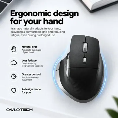 Produktbild von Owlotech MS900: Ergonomische kabellose Maus mit seitlichem Scrollrad, 2,4 GHz/Bluetooth, leise Klicks, schwarz