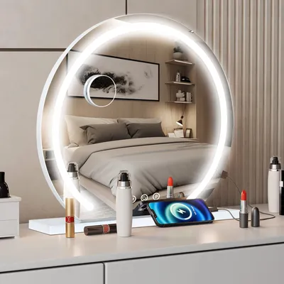 Produktbild von Puluomis Schminkspiegel Kosmetikspiegel 60x58cm Hollywood Spiegel, dimmbar mit LED Beleuchtung 3 Lichtfarben, 2-in-1 Tischspiegel Wandspiegel rund