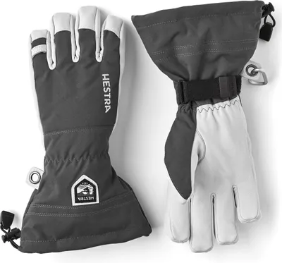 Skihandschuhe "Army Leather Heli Ski - 5 finger" von Hestra; grau mit weißem Leder und elastischem Bündchen.