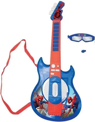 Produktbild von Elektronische Spiderman Gitarre mit Mikrofon Brille, Lichteffekte, 2 Spielmodi, AUX-In Anschluss, 59cm