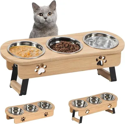 Produktbild von PolkaHome® Erhöhter Katzennapf mit 3 Schalen, verstellbarer Futternapf-Ständer aus Bambus und Edelstahl, für Katzen und kleine Hunde