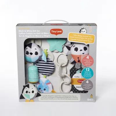 Obrázok produktu pre Tiny Love Magical Tales Black & White darčeková súprava, darčeková súprava pre bábätká s vývojovými hračkami, 4 vybrané hračky na cesty, 0m+