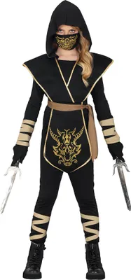 Immagine prodotto di Ninja Shadow Warrior Costume Halloween Bambini Maschera con cappuccio Guerriero Outfit Nero Design Capo con cappuccio, Taglia: 140/146 Colore: Nero