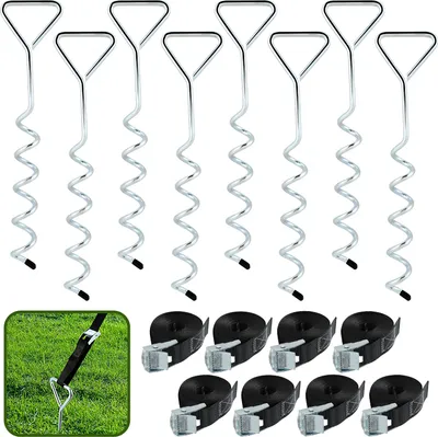 Obrázek produktu pro Jayseuw 8x zemní kotva trampolína 40 cm 5 cívek Nastavitelné popruhy Bezpečnostní sada z nerezové oceli Zemní kotva upevnění altán zahradní domek houpačka