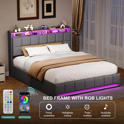 Produktbild von ProximaX Polsterbett 140x200cm Grau Leinenstoff,  Stauraumbett mit LED-Beleuchtung & USB/Type-C Ladestation