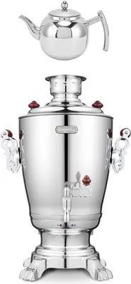 A silver tea samovar and teapot are displayed against a white background.