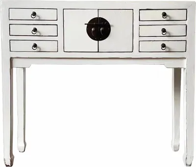Produktbild von Marrakesch Kommode Adeline aus Holz Weiß 100cm Handgefertigt mit 6 Schubladen | Vintage Asia Stil mit Metallbeschlag | Schmale Anrichte Konsole Beistelltisch Flurkommode | Massivholz Shabby Chic Möbel