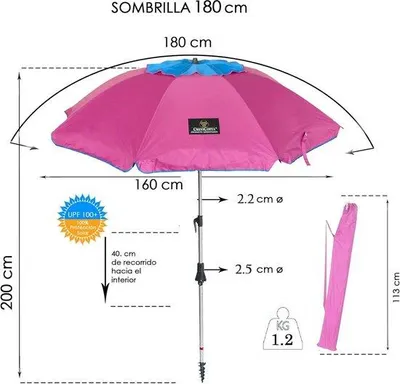 Zdjęcie produktu dla Parasol 180 cm – uchwyt spiralny i rączka – 8 prętów – różowy