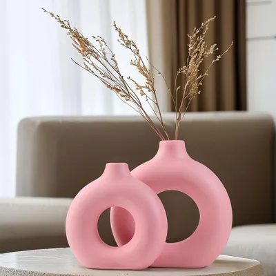 Vasen-Set aus Keramik, 2 Stück, rosa, rund, modern, 20,3 x 7,9 x 22,6 cm