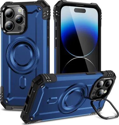 Produktbild von Magnetisch Hülle für iPhone 14 Pro Max, Heavy Duty Militärischer Stoßfest Handyhülle Kamera-Ringständer Blau