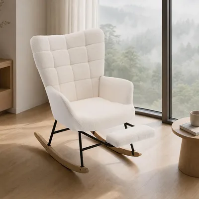 Produktbild von okwish Schaukelstuhl mit Fußstütze und Armlehnen, Relaxsessel mit hoher Rückenlehne,Sessel in Beige,Für Wohnzimmer oder Terrasse