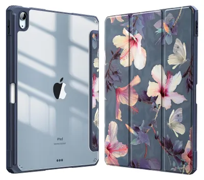Produktbild von Fintie Hybrid Hülle für iPad Air 11 Zoll M4/M3/M2 (2026/2025/2024), iPad Air 5./4. Gen (2022/2020) 10,9 Zoll, mit Stifthalter, stoßfeste Schutzhülle mit transparenter Hartschale, Hibiskus